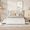 White Queen Size Rattan Bed with Trundle and Dual Storage Drawers