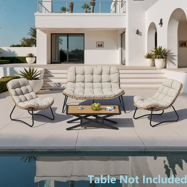 3-Piece Outdoor Cushioned Papasan Chair Set: Double Loveseat with Two Single Chairs - See Image