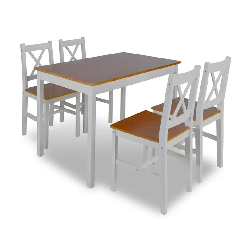 5-Piece Dining Table Set - 43-Inch Rectangular Table with 4 Chairs in Brown and White Wood