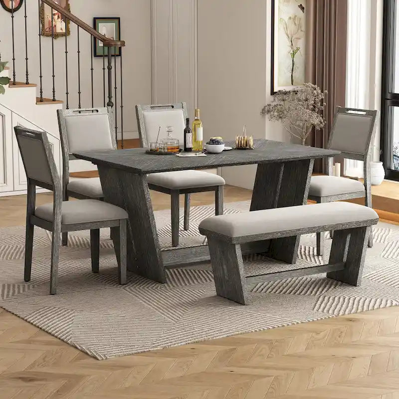 6-Piece Wooden Dining Set: Rectangular Table with 4 Upholstered Chairs and 1 Bench