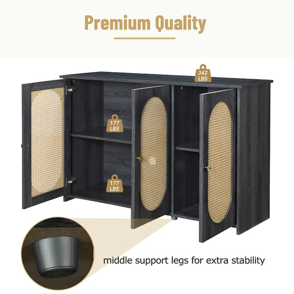 3-Door Buffet Cabinet with Faux Rattan Doors, Shelving, and Metal Handles - Ideal Coffee Bar Sideboard