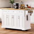 Spacious White Kitchen Island with Wood Drop Leaf, Embossed Texture Rolling Cart Featuring Doors and Drawers for Ample Storage