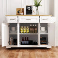 Spacious White Kitchen Island with Wood Drop Leaf, Embossed Texture Rolling Cart Featuring Doors and Drawers for Ample Storage