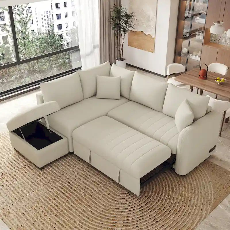 Roomfitters L-Shaped Sleeper Sofa with USB Ports, Power Outlets, and Versatile Storage Ottoman