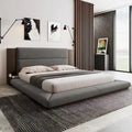 King Gray Upholstered Low Profile Platform Bed with Extended Wood Headboard and Integrated Nightstand Shelves