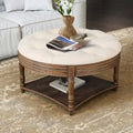 Round Storage Ottoman Coffee Table with Tufted Seat and Wooden Base