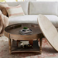 Round Storage Ottoman Coffee Table with Tufted Seat and Wooden Base