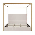 Metal Canopy Platform Bed with Vertical Stripe Upholstered Wingback Headboard - Four Poster, Low Profile Design