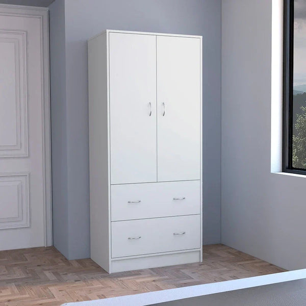 30.9-Inch Contemporary Double-Door Armoire with Two Drawers and Hanging Rod for Bedroom Storage