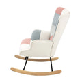 Mid-Century Patchwork Linen Rocking Chair with Wooden Legs