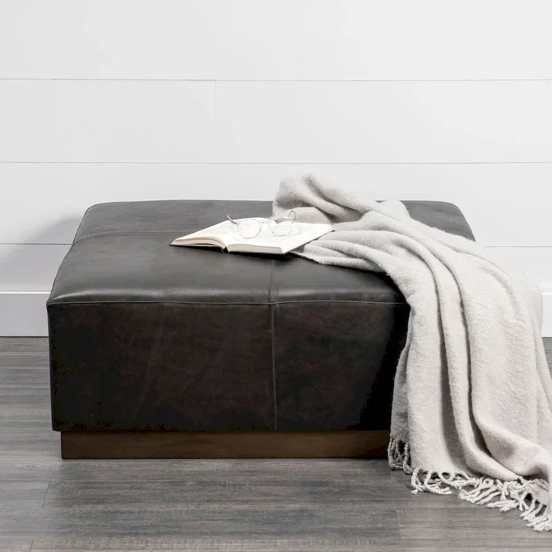 Minara Black Genuine Leather Ottoman with Gold Metal Base - 36-Inch Square