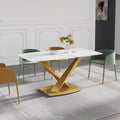 63-Inch Contemporary Dining Table with Slate Stone Surface and Metal Legs, Marble Finish