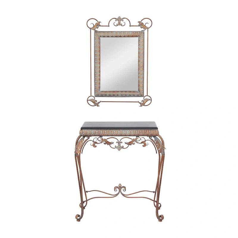 Set of 2 Bronze Metal Leaf Console Tables with Mirrors and Scrolled Legs - Roche River Decor - Dimensions: 1W x 23L x 32H