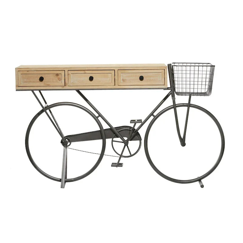 Roche River Decor Metal Console Table with 3 Drawers and Brown Wood Top - Black Finish - Dimensions: 15"W x 58"L x 34"H