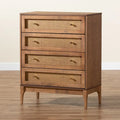 Ramiel Mid-Century Modern 4-Drawer Chest in Ash Walnut with Rattan Accents