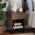 Sadia Contemporary Walnut Brown Wood and Black Metal 1-Drawer Side Table