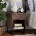 Sadia Contemporary Walnut Brown Wood and Black Metal 1-Drawer Side Table