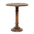 Intricately Carved Dark Brown Mango Wood Accent Table with Elephant or Floral Design and Turned Base - Roche River Decor