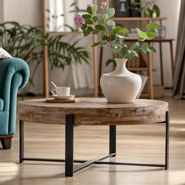 33.86" Modern Retro Round Coffee Table with Cross-Leg Base and Wooden Splicing Design