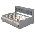 Antique Grey Full-Size Wooden Captain Bed with Built-in Bookshelves, Three Storage Drawers, and Trundle