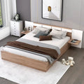 Natural Queen Size Platform Bed with Headboard, Storage Drawers, Shelves, USB Ports, and Outlets
