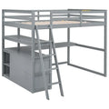 Gray Full-Size Loft Bed with Desk, Shelves, and Two Built-In Drawers