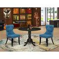 East West Furniture Round Kitchen Table Set - Black Wire-Brushed Finish with Blue Linen Chairs (Multiple Piece Options)