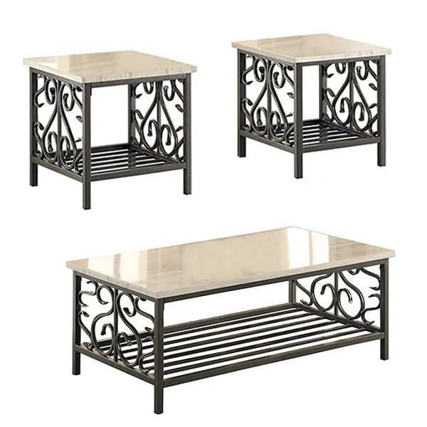 3-Piece Cream and Gray Faux Marble Table Set with Stylish Metal Frame