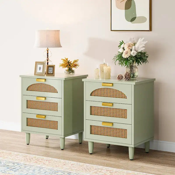 20-Inch Green Wooden Nightstand with 3 Drawers - Bedside Storage Cabinet for Bedroom