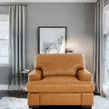 Luxurious Genuine Leather Accent Chair with Goose Feather Cushion, Square Arm Design, and Sturdy Block Legs
