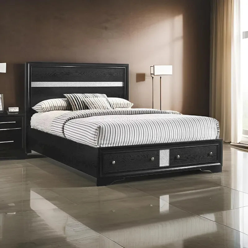 Regi King Size Bed with 2 Storage Drawers, Silver Striped Headboard, Black Wood Frame