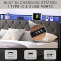 Upholstered Full Bed Frame with Built-in Charging Station and LED Lights - Sturdy Platform Design with Heavy Metal Slats, No Box Spring Required