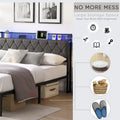 Upholstered Full Bed Frame with Built-in Charging Station and LED Lights - Sturdy Platform Design with Heavy Metal Slats, No Box Spring Required