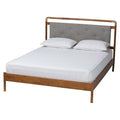 Edwina Queen Size Platform Bed in Light Grey Boucle Fabric with Walnut Brown Wood Accents