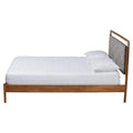 Edwina Queen Size Platform Bed in Light Grey Boucle Fabric with Walnut Brown Wood Accents