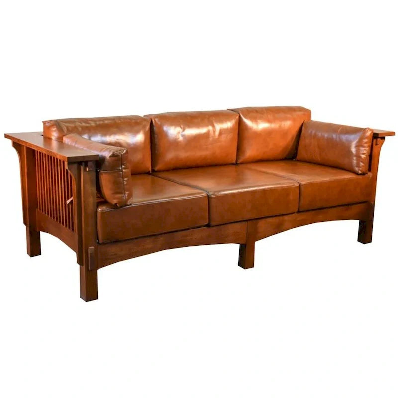 Mission Crofter Sofa - Solid Quarter-Sawn White Oak with Russet Leather Cushions