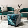 Sapphire Sea Beveled Art Glass Cocktail Table with Black Plinth Base - Reverse Printed Design