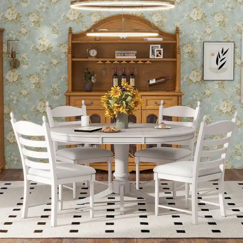 5-Piece Retro Wood Dining Set: Round Extendable Table with 4 Upholstered Chairs