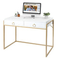 Anmytek Contemporary White and Gold Computer Desk - Stylish Vanity Writing Table with 2 Drawers for Home Office