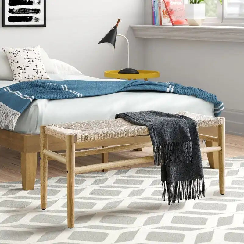Mieres Boho-Inspired Solid Wood Bench with Woven Rope Seat - Mid-Century Modern Indoor Ottoman with Rubber Wood Legs for Home Office