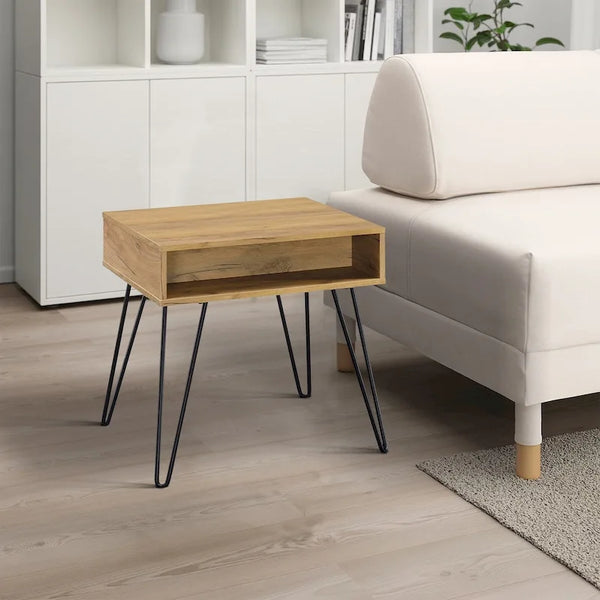 24-Inch Contemporary Side Table with Golden Oak Finish and Black Metal Hairpin Legs