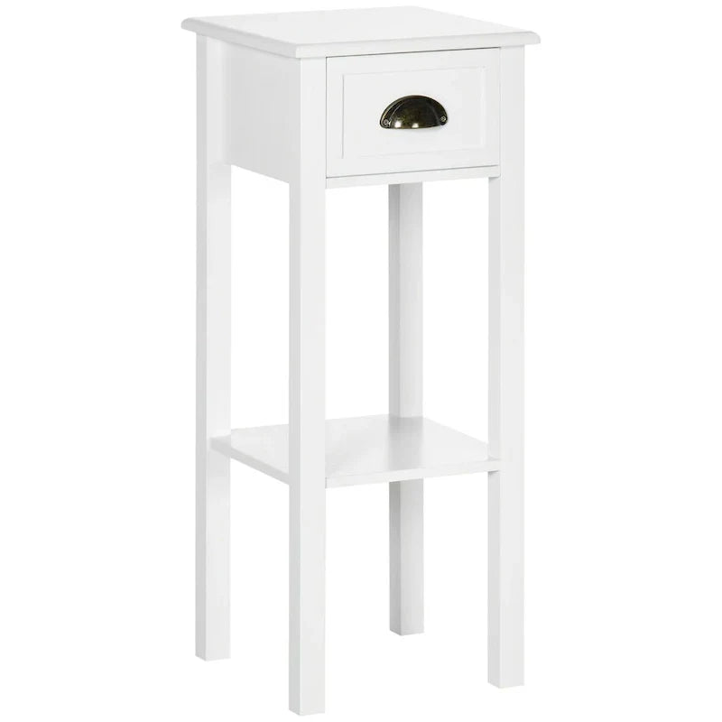 White 2-Tier Narrow Side Table with Drawer and Bottom Shelf for Living Room or Bedroom