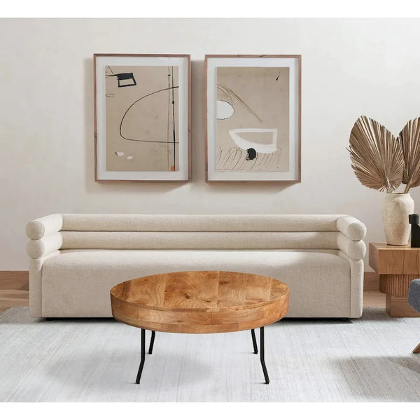 32-Inch Round Coffee Table with Handcrafted Mango Wood Top and Black Metal Angled Legs
