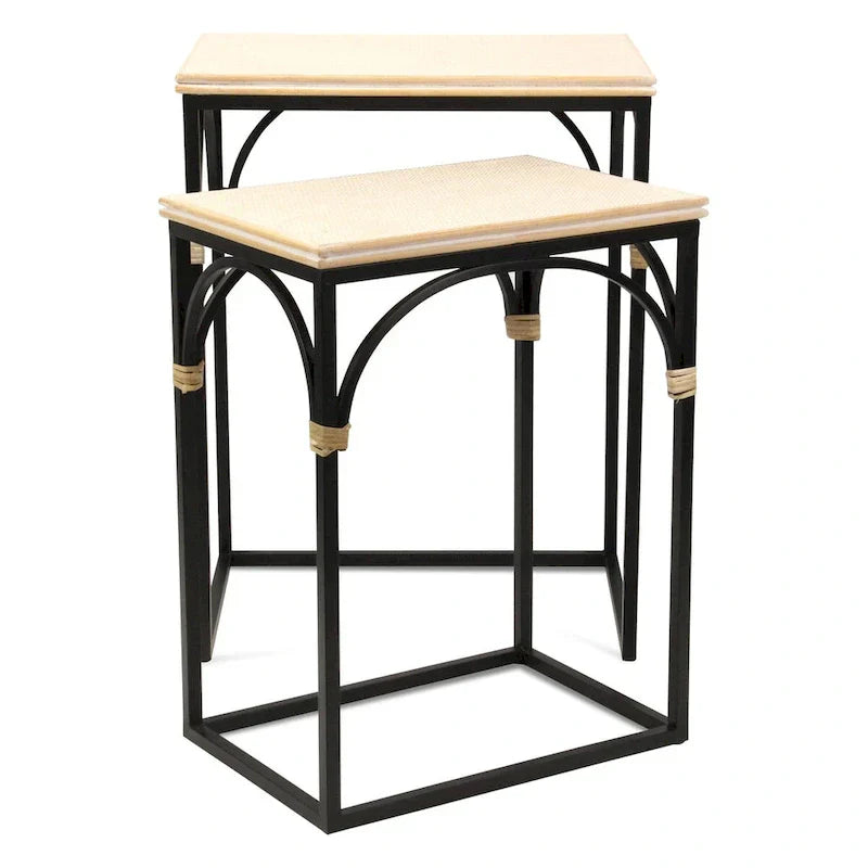 Claudette Set of 2 Rectangle Side Tables with Rattan Accents in Wood and Metal