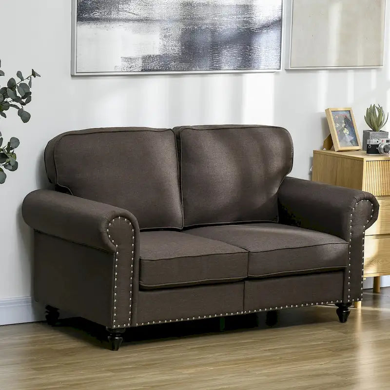 HOMCOM 61-Inch Mid-Century Modern Loveseat Sofa - Stylish 2-Seater Couch with Nailhead Trim and Rolled Arms, Upholstered in Fabric